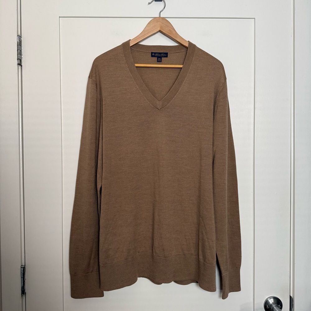 Brooks Brothers Sweater Mens XXL Camel V Neck 100% Merino Wool Preppy Old Money